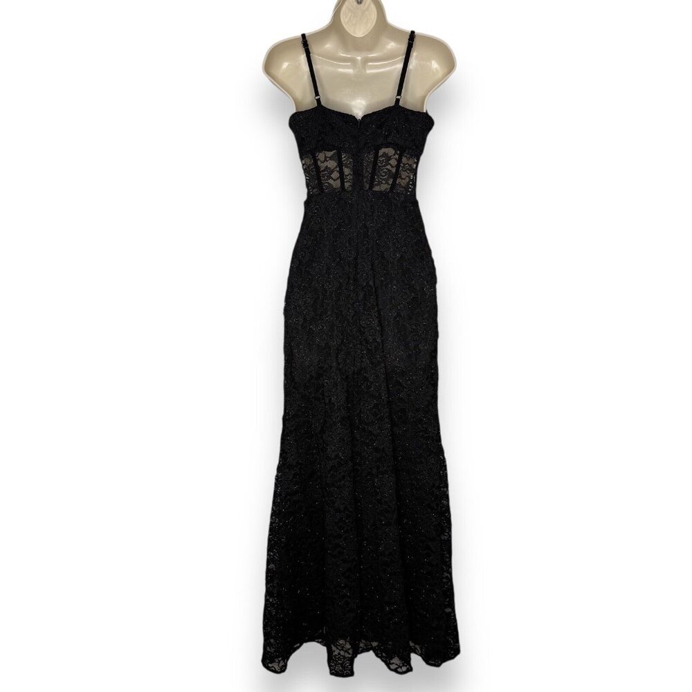 Morgan & Co Junior Lace Corset Black Prom Gown Dress Sz 3 Whimsigoth V Neck Slit - Picture 4 of 13